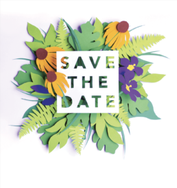 save the date made from cut paper leaves and flowers