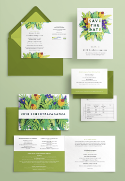 stationery made from cut paper leaves and flowers, includes event booklet, donation card, save the date postcard, and invitation