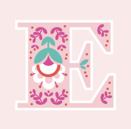 graphic flower illustrations in custom type E with serif and pink background