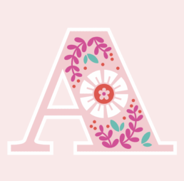 graphic flower illustrations in custom type A with serif and pink background