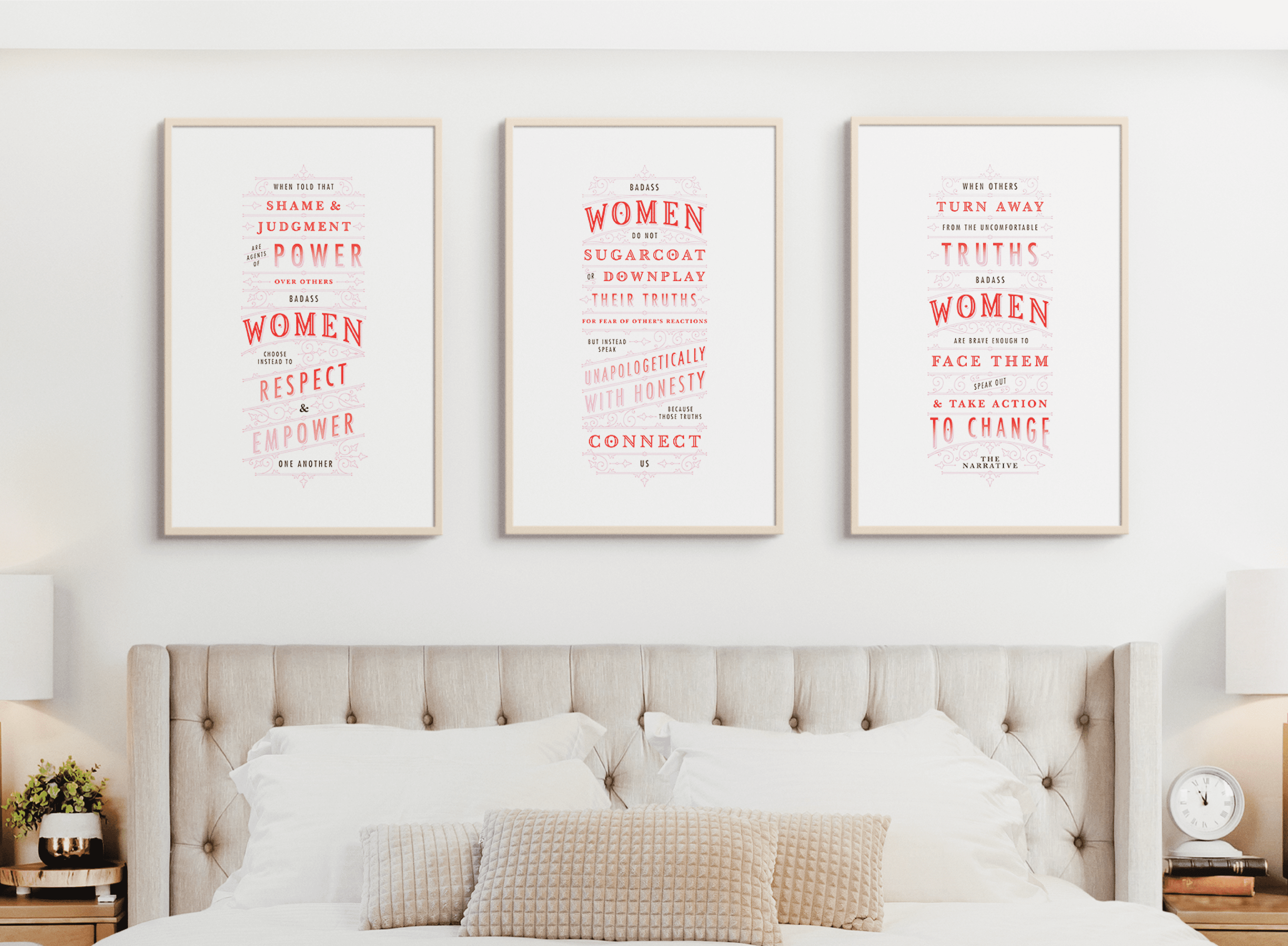 badass women quote art print collection with red and pink hand-lettering to empower the female community