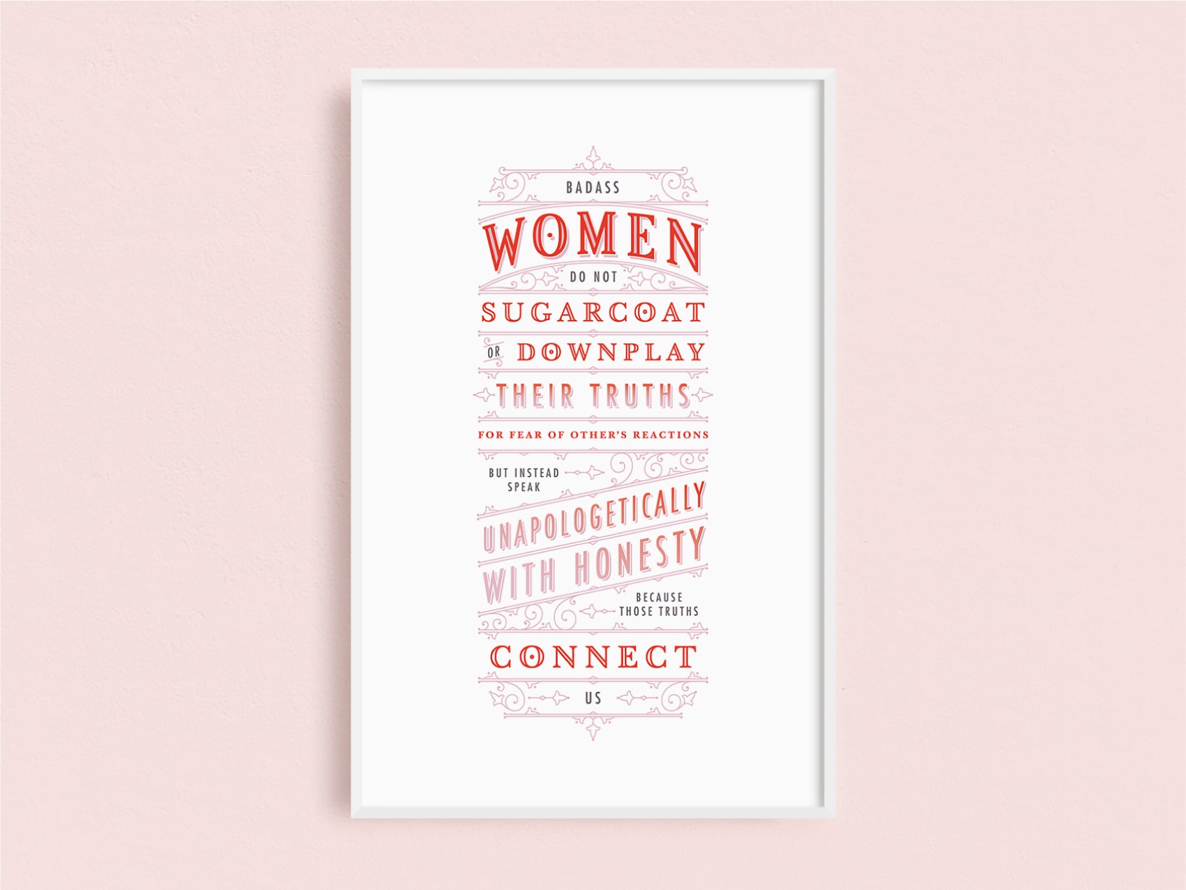 badass women downloadable quote art print with red and pink hand-lettering to empower the female community