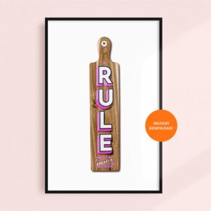 downloadable feminist art print for women of typography hand-painted on cutting board that says rule breaker
