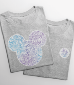 mickey head illustration with snack icons and blue purple gradient on shirt