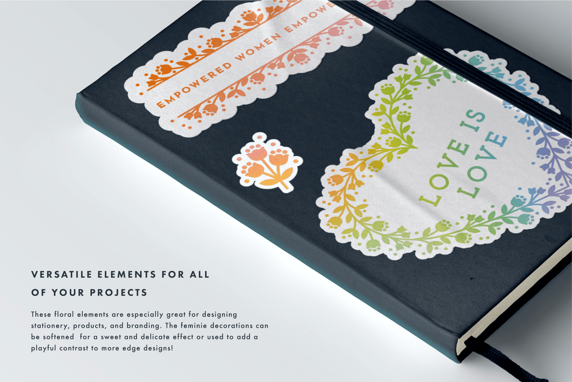 feminine floral graphics and boarders with colorful gradients on stickers