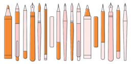 graphic illustration of calligraphy and hand-lettering tools like pens paint brushes pencils and markers